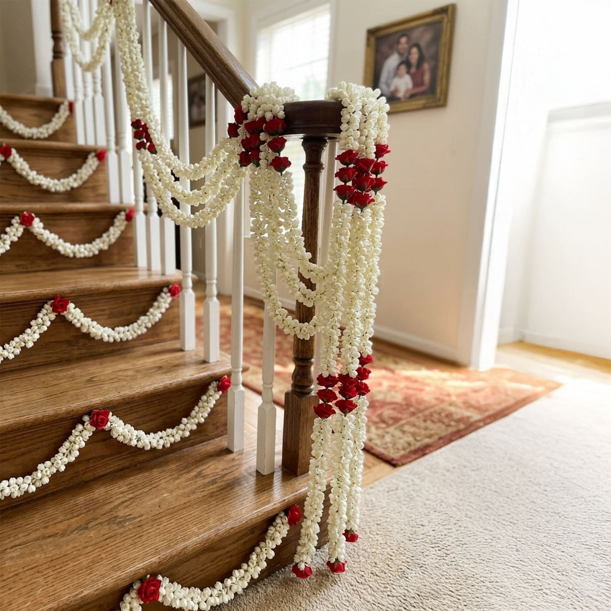White and red artificial jasmine buds and rose floral garland draped on wooden staircase railing for traditional pooja decor