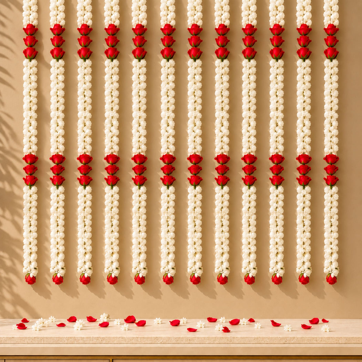 Rows of white and red artificial jasmine buds and rose garlands hanging against a beige wall for pooja and wedding decor