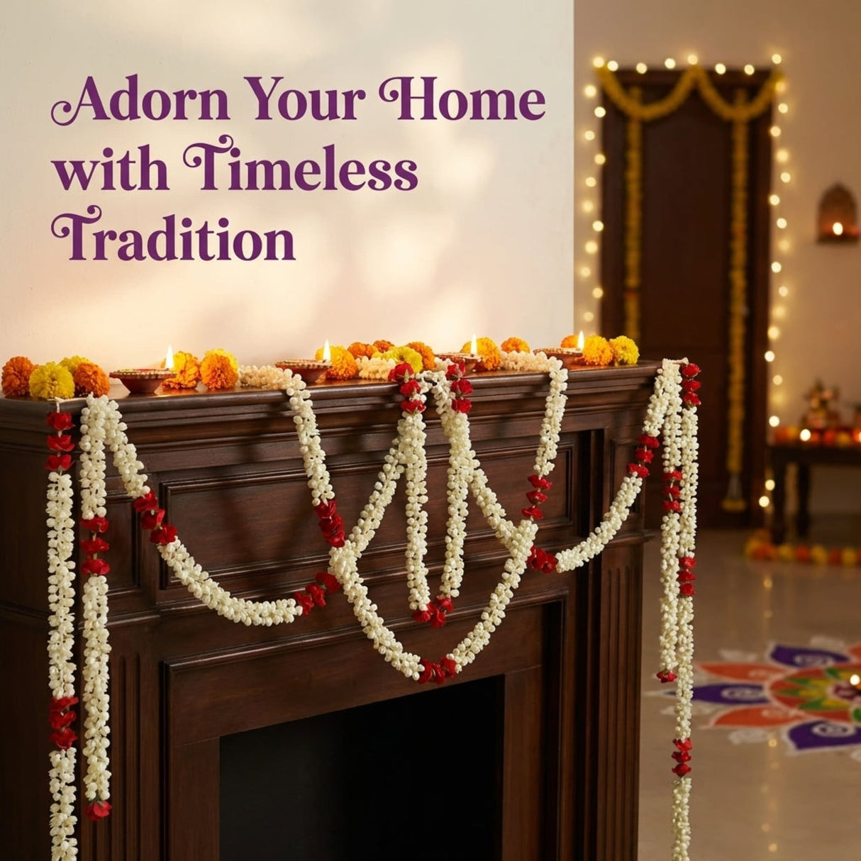 Elegant white and red artificial jasmine buds and rose garland draped over dark wooden mantelpiece for pooja decor