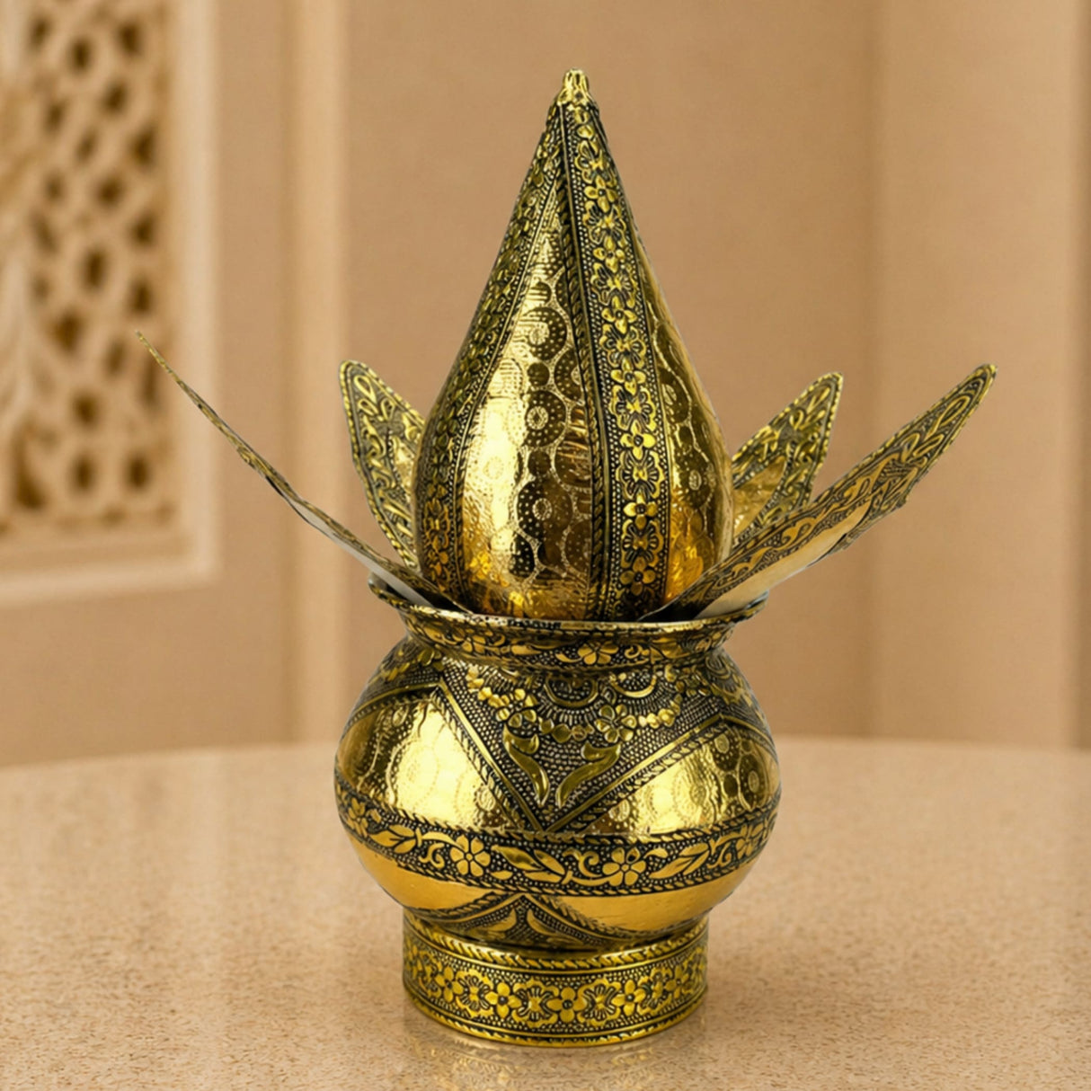 Artificial mangal kalash gold ornate metal vessel with intricate floral geometric patterns and lotus bud top for pooja decor