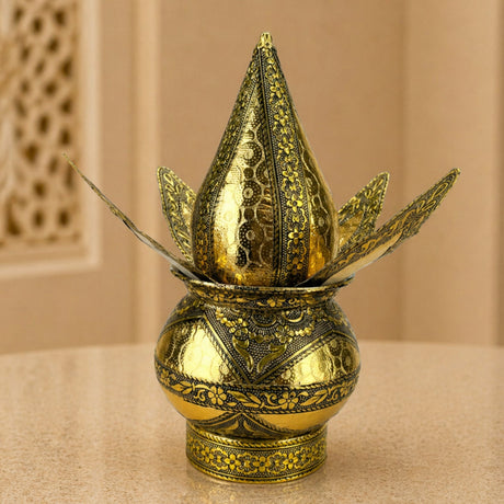 Artificial mangal kalash gold ornate metal vessel with intricate floral geometric patterns and lotus bud top for pooja decor
