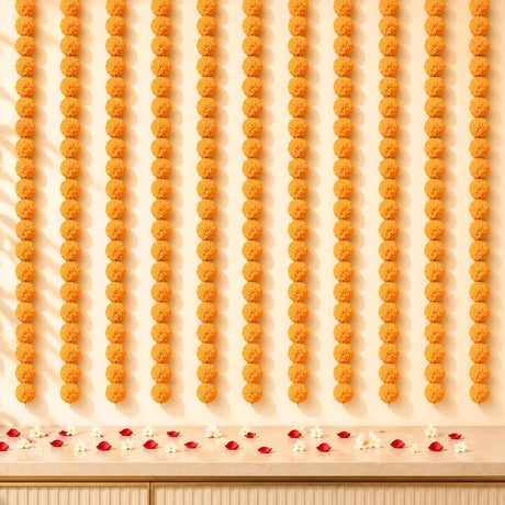 Set of 5 strings artificial orange marigold garlands hanging with red and white petals for wedding and home decor