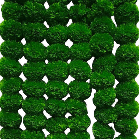 Set of 5 strings artificial marigold garland with green moss pom-poms arranged in a grid for wedding and home decor