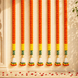 Set of 2 artificial vibrant orange marigold garlands with yellow green stripes and white tassels for festive decorations