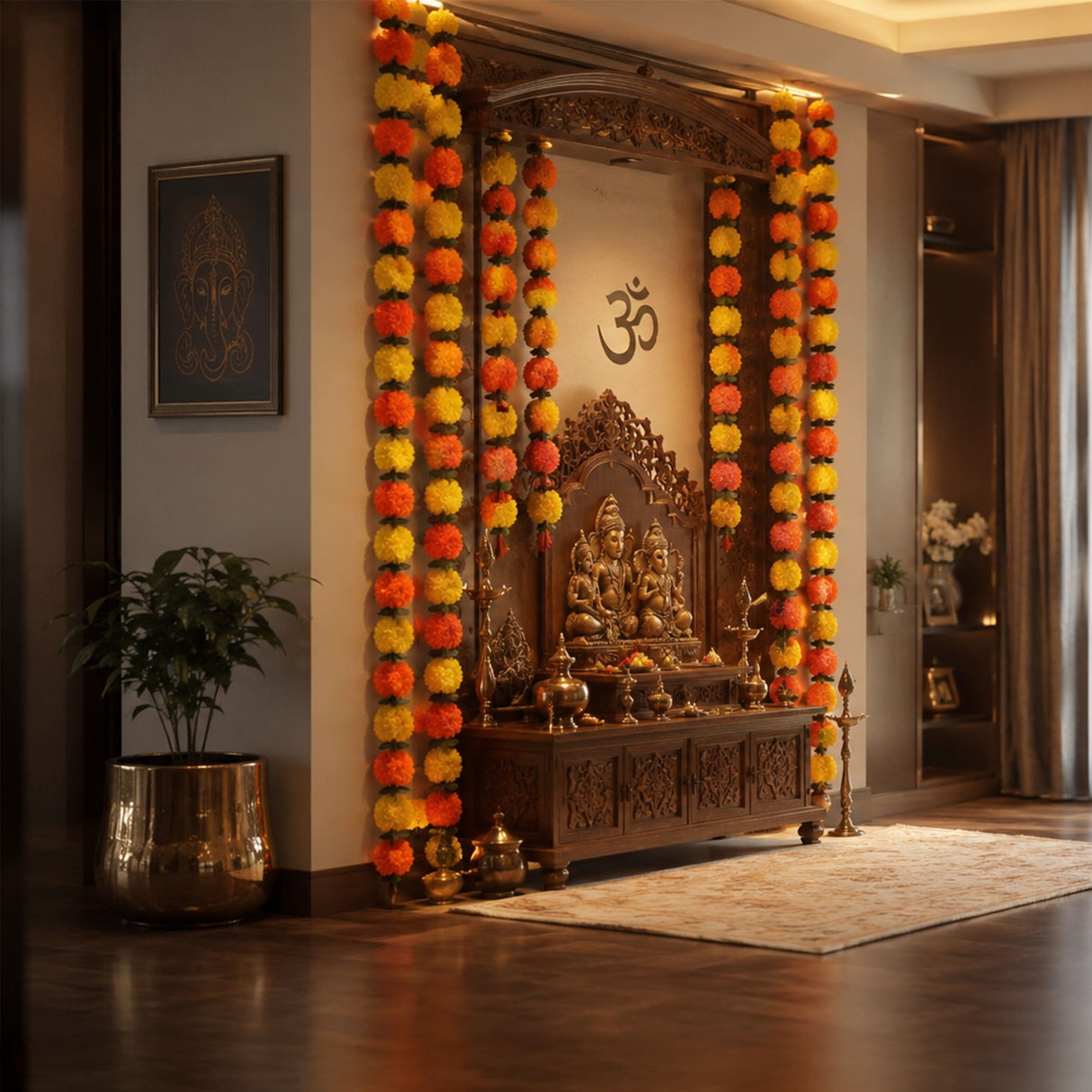 Golden ornate wooden altar with intricate carvings and a seated deity adorned with vibrant orange and yellow artificial marigold garlands for diwali decoration and pooja backdrop