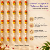 Vibrant orange and yellow artificial marigold and tuberose garland crafted from plastic flowers on sturdy fabric thread for decor