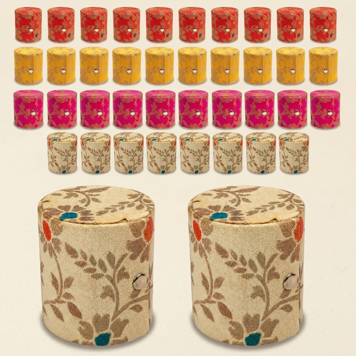 Beige floral-patterned cylindrical bangle jewelry storage boxes with metallic clasps ideal for wedding favors and travel