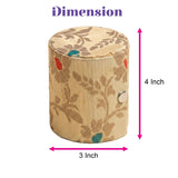 Beige floral patterned fabric cylindrical bangle box organizer with metallic clasp for jewelry storage and travel use