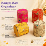 Elegant cylindrical bangle box organizers in vibrant pink red yellow and beige floral patterns with metallic button closures