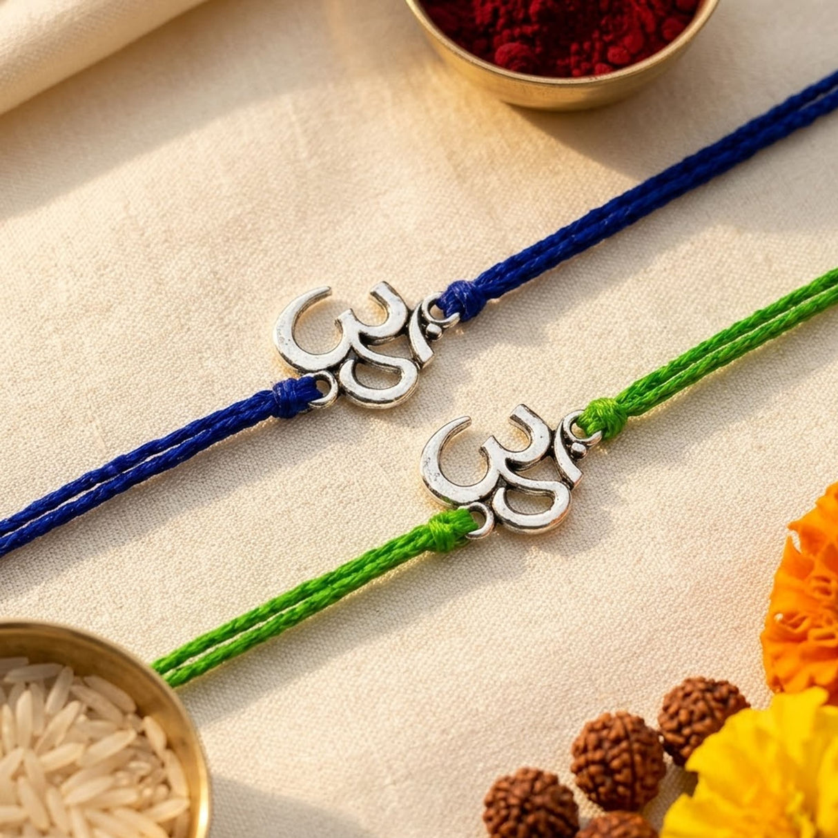Handcrafted silver om-shaped charms on blue and green braided cords rakhi for bhaiya and bhabhi protection gift
