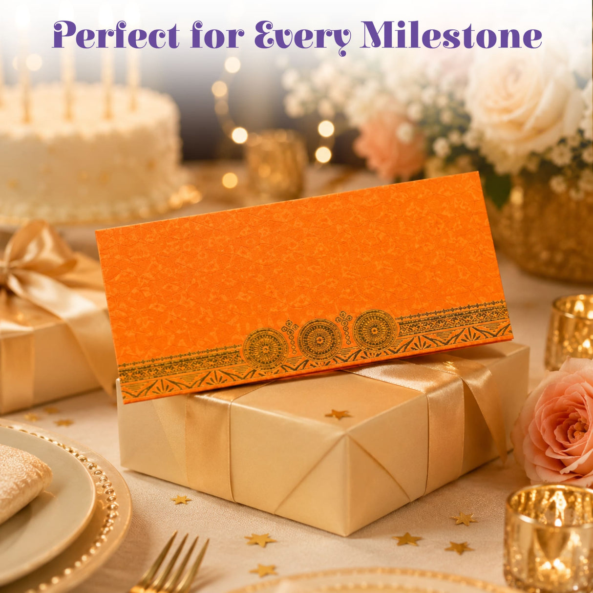 Orange money envelope with intricate gold embossed wheel pattern along bottom edge for indian wedding and gifts