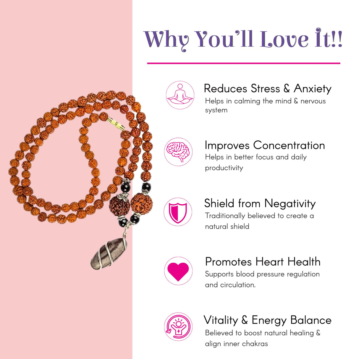 Brown 5 Mukhi Rudraksha Mala with Narmadeshwar Shivling Pendant