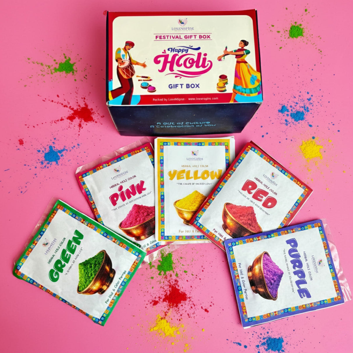 Holi Colored Powder Pack gift box with 5 herbal colors: pink, yellow, red, green, purple, 75g each