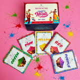 Holi Colored Powder Pack gift box with 5 herbal colors: pink, yellow, red, green, purple, 75g each