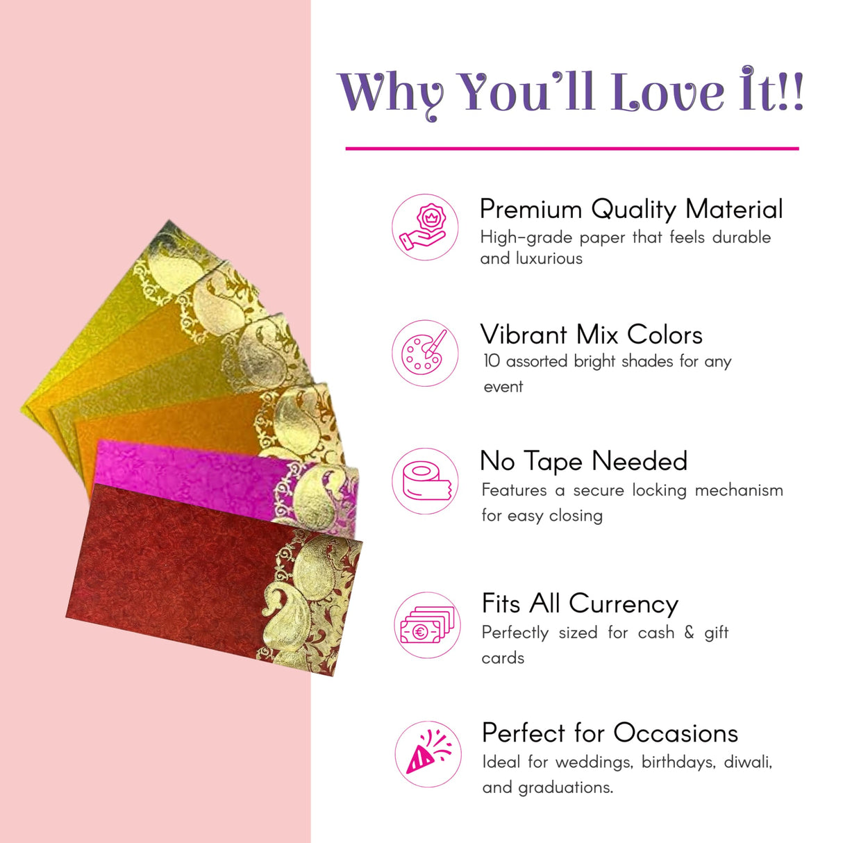 Pack of 10 vibrant assorted Indian shagun money envelopes with gold paisley trim