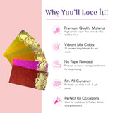 Pack of 10 vibrant assorted Indian shagun money envelopes with gold paisley trim