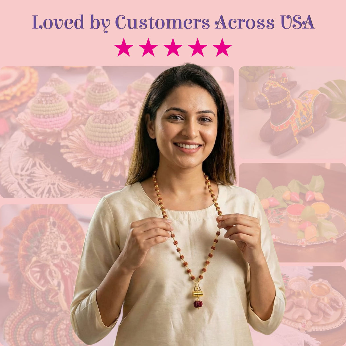 Certified 5 Mukhi Rudraksha Mala with reddish-brown beaded necklace and gold pendant