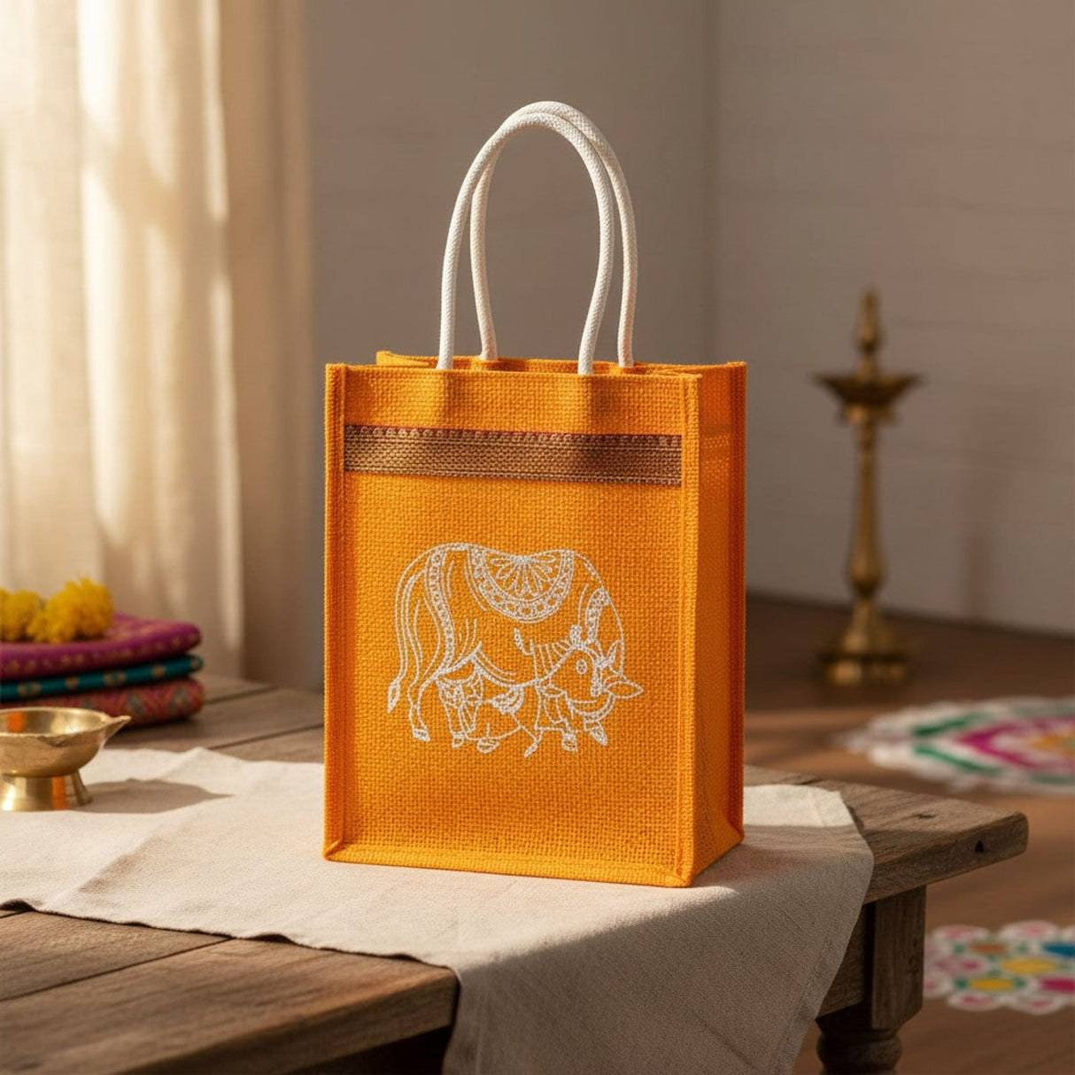 Orange jute tote bag with white elephant embroidery and cow print design