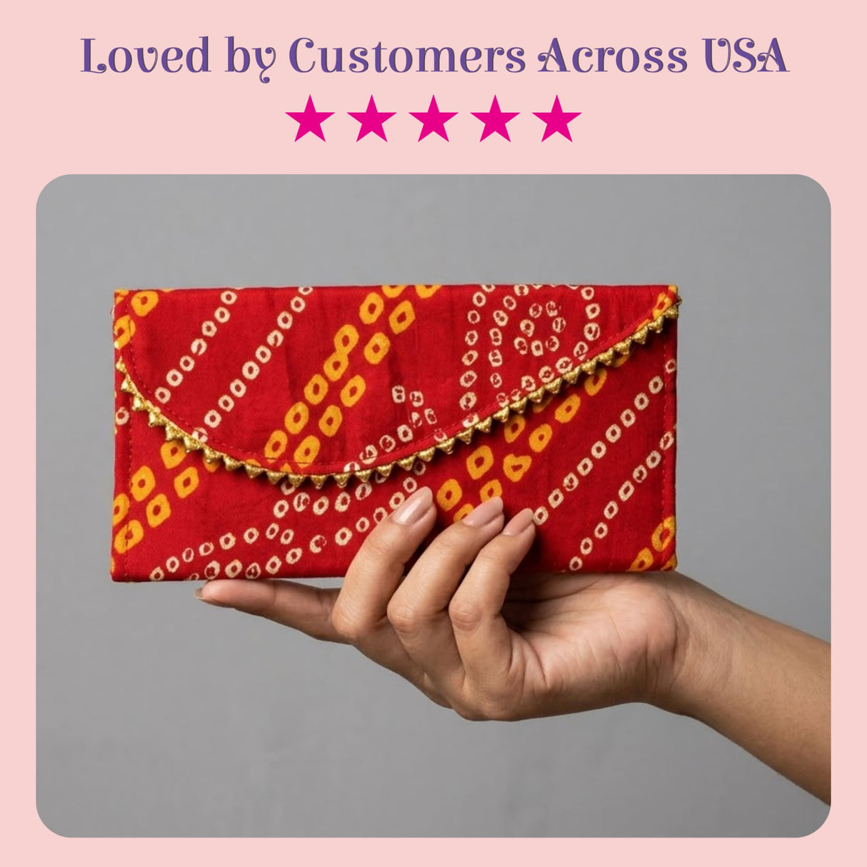 A vibrant red brocade fabric money envelope with yellow white geometric pattern and gold trim for indian wedding gifts