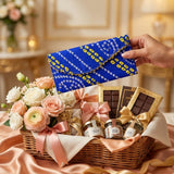 Blue and yellow brocade fabric money envelope with bandhani pattern and gold-trimmed edges for cash gifts and savings