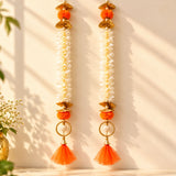 Bangle pom pom hanging backdrop garland with white artificial flowers gold metallic fans orange pom poms for festive decor