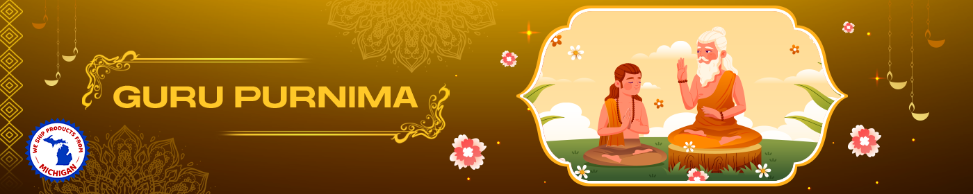 Banner design for Guru Purnima festival showing a traditional teaching scene with spiritual elements and decorative motifs.