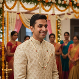 Beige gold patterned sherwani with handmade pearl milni mala