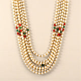 Handmade Barati Swagat Mala: Multi-strand pearl necklace with red, green, gold accents
