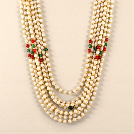 Handmade Barati Swagat Mala: Multi-strand pearl necklace with red, green, gold accents