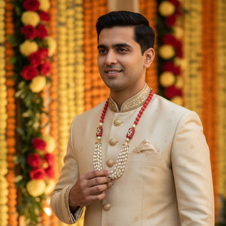 Beige sherwani with gold embroidery and red accents for wedding baraat