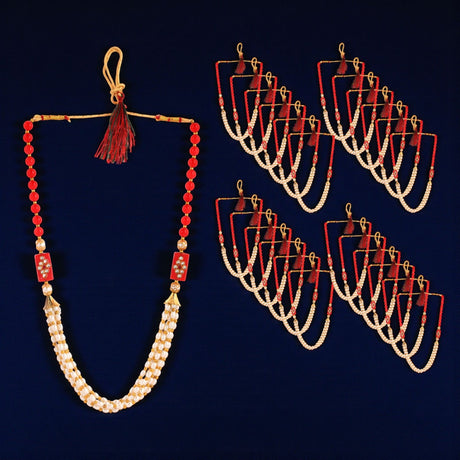 Gold and red beaded necklace with tassel pendant and artificial moti pearls for weddings