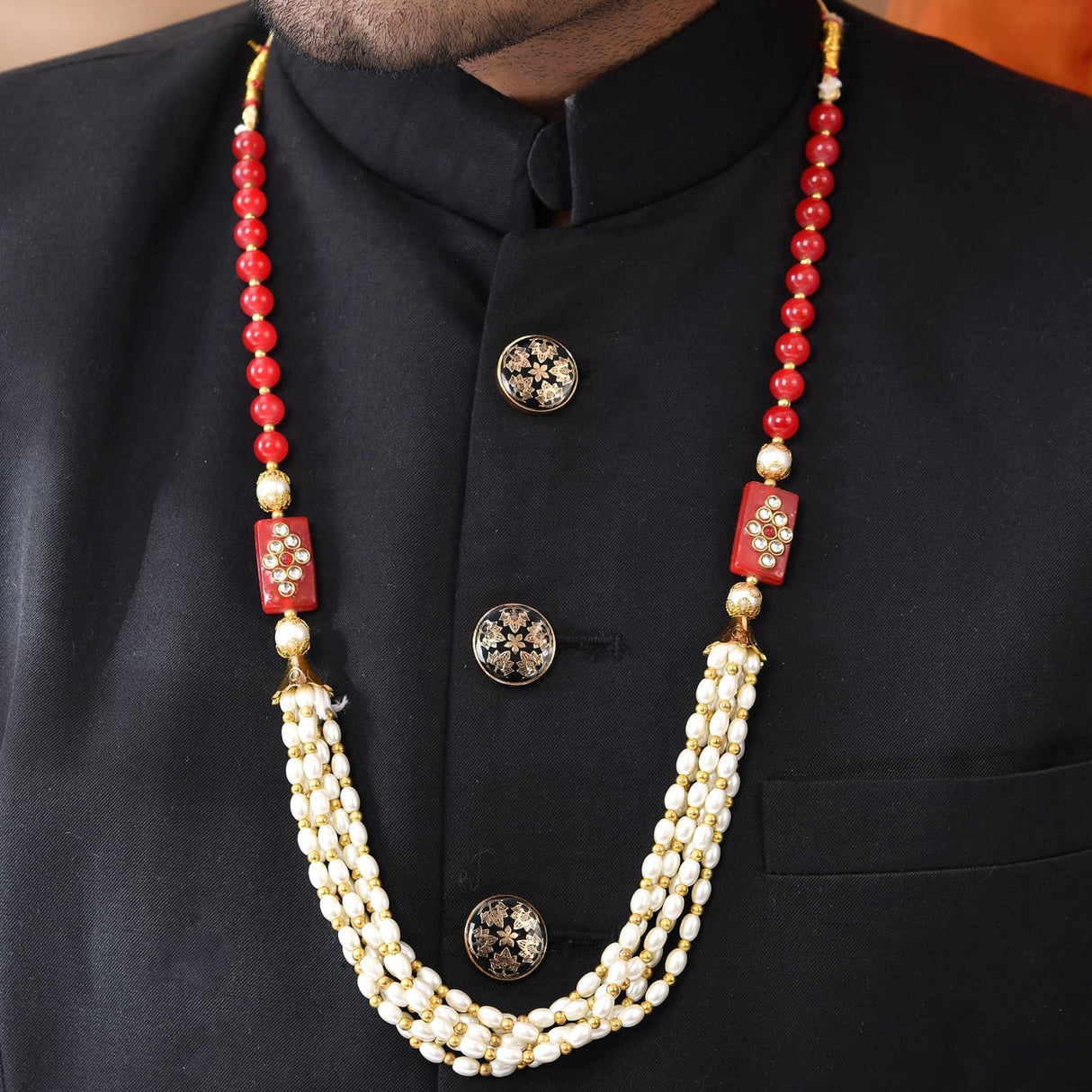 Pearl and coral beaded necklace with gold accents for wedding baraat