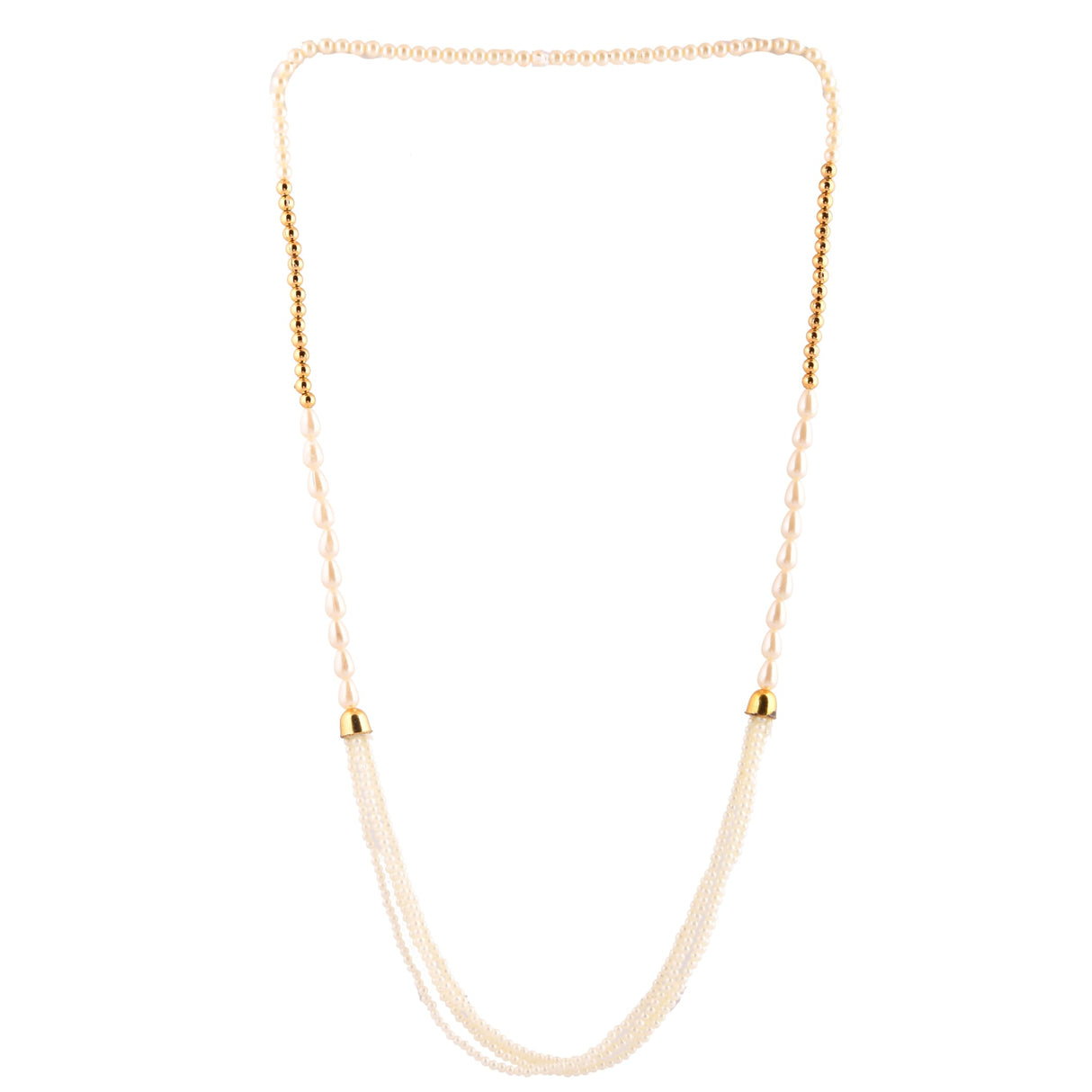 Handmade Barati Swagat Mala pearl necklace with gold chain, white cord, and beads