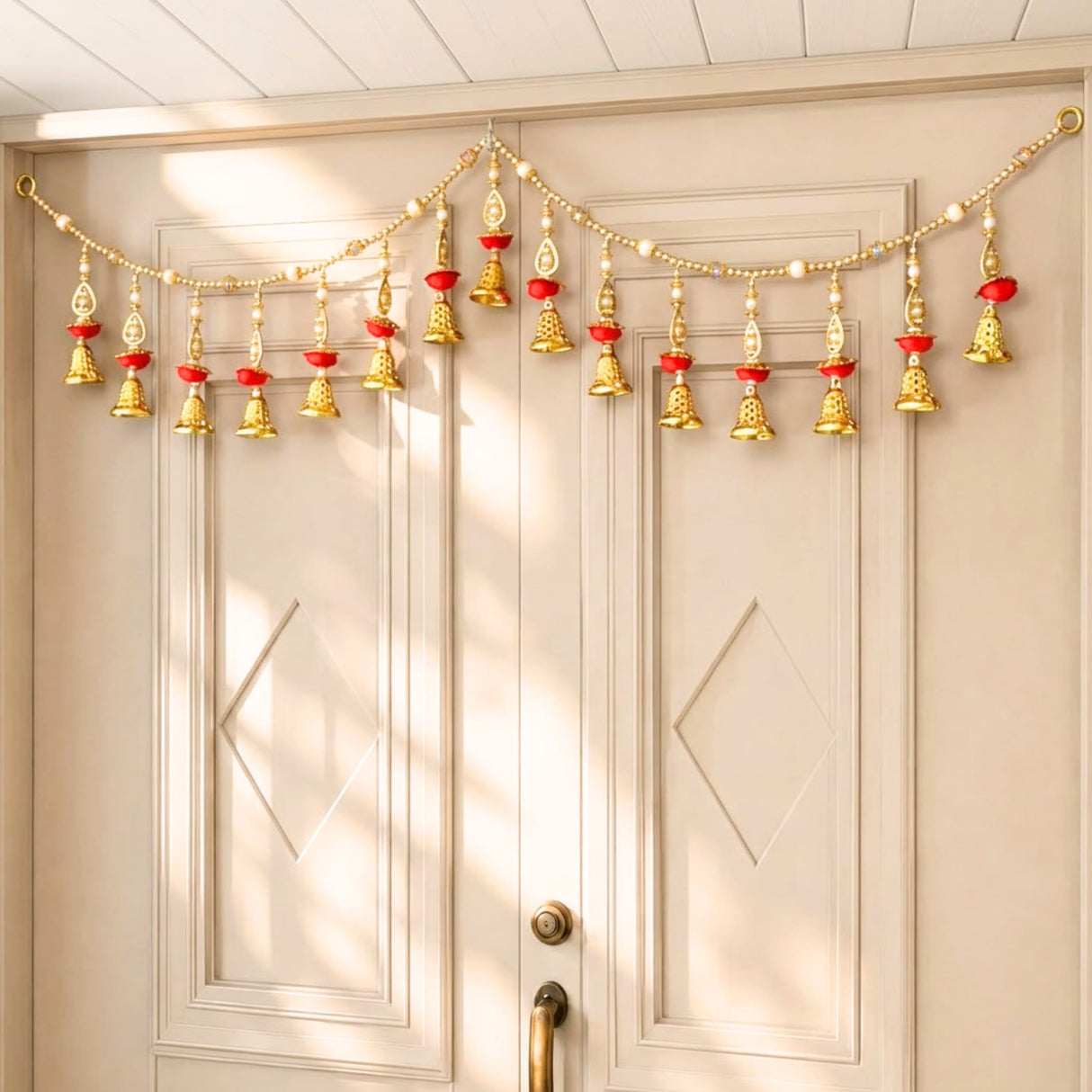 Bead door toran with pompoms 3 ft gold and red decorative wall hanging with bells and beads for festive decor