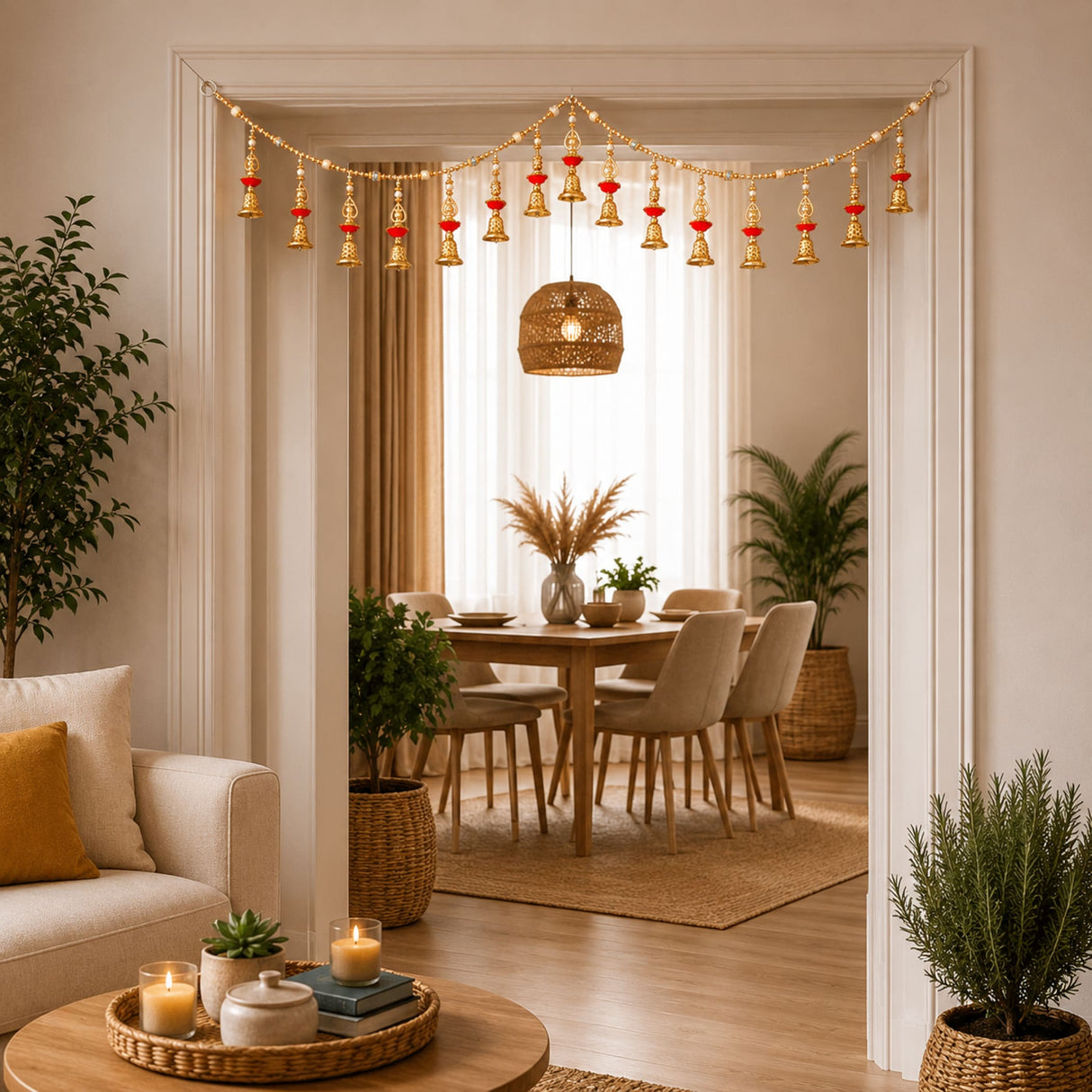 Bead door toran with golden bell garland and red pompom accents hanging above dining area for festive decoration