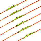 Five traditional green and gold designer bead rakhi bracelets with intricate metalwork for brother and bhabhi protection