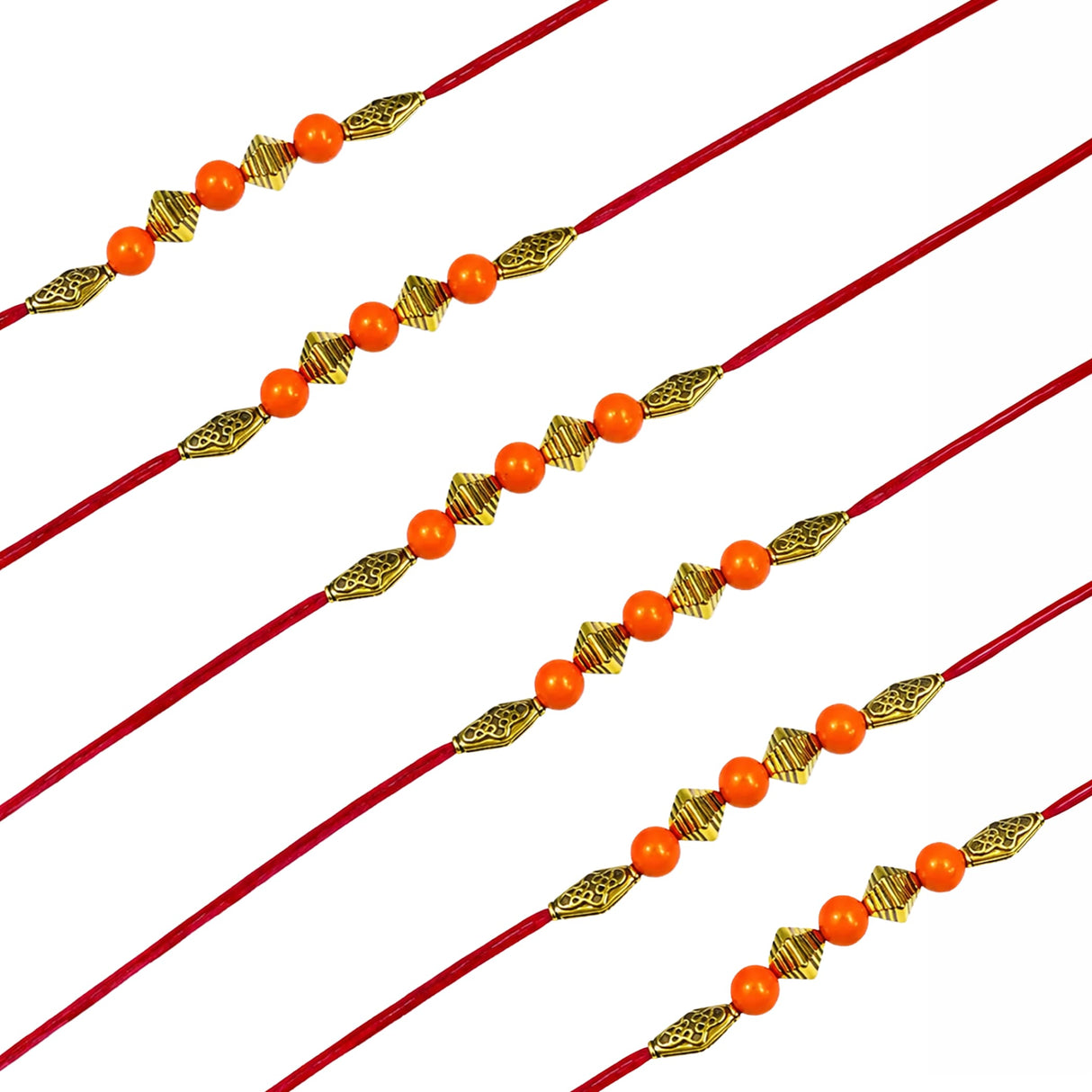 Red thread designer bead rakhi with orange beads and gold-colored metal decorations for brother and bhabhi gift