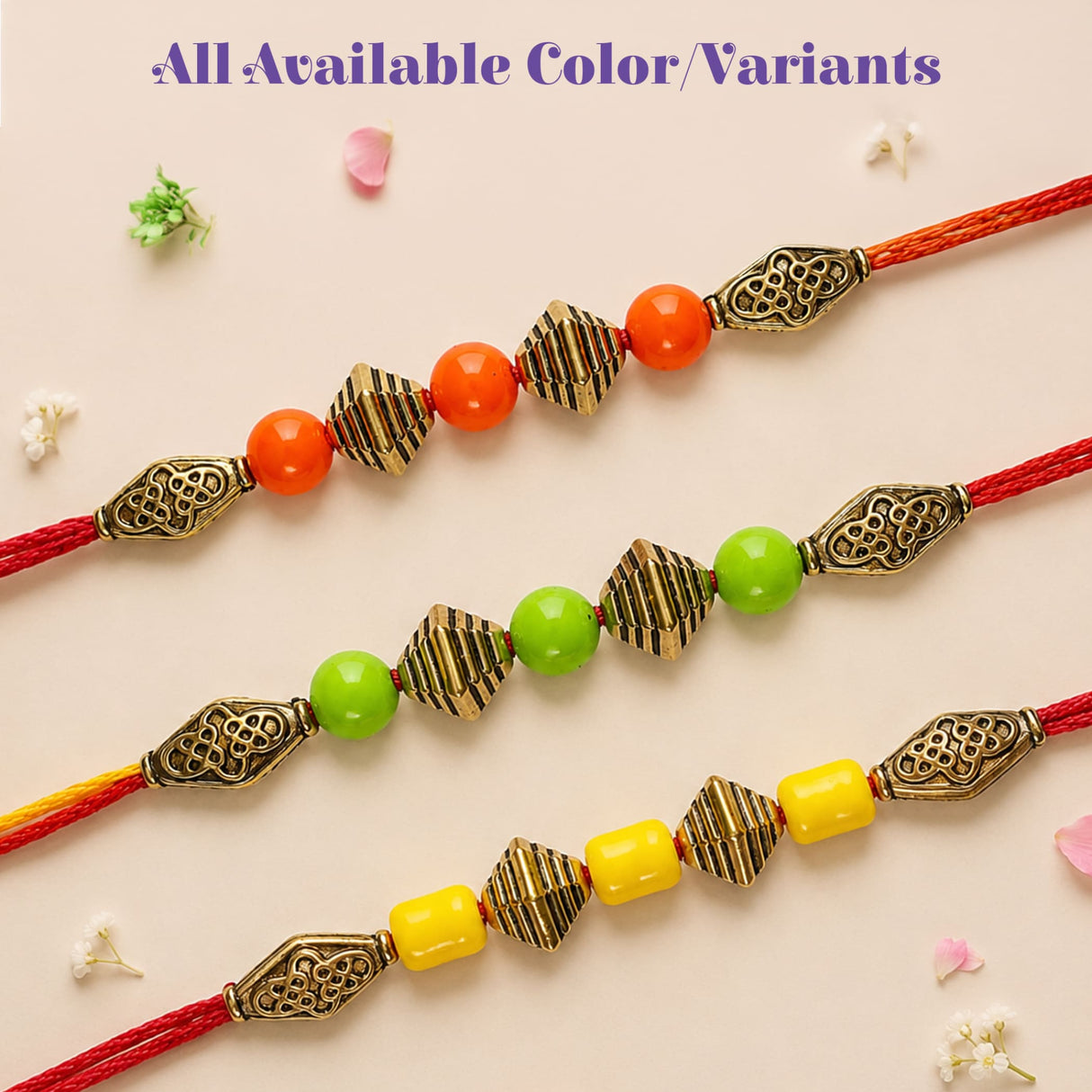 Designer bead rakhi with red cords featuring orange green yellow beads and gold toned charms for protection and good luck
