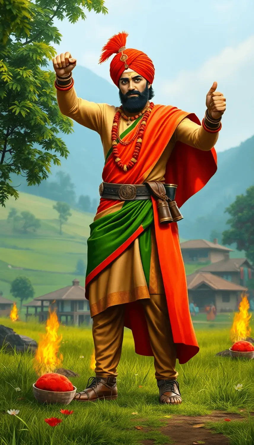 A heroic figure in traditional attire stands proudly in a lush green village, surrounded by fields and homes, with colorful decorations symbolizing Lohri festivities.