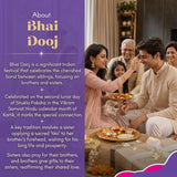A woman in soft pink traditional indian outfit applies red tika during bhai dooj with gift hamper including designer rakhi bracelets and ganesha idol