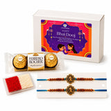 White gift box with colorful happy bhai dooj design featuring illustrated children for designer raksha bandhan gift hamper