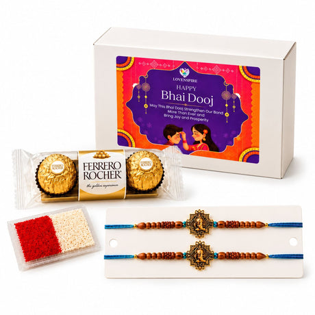 White gift box with colorful happy bhai dooj design featuring illustrated children for designer raksha bandhan gift hamper