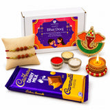 Purple and yellow cadbury dairy milk caramello chocolate bar with glossy wrapper in bhai dooj gift hamper set