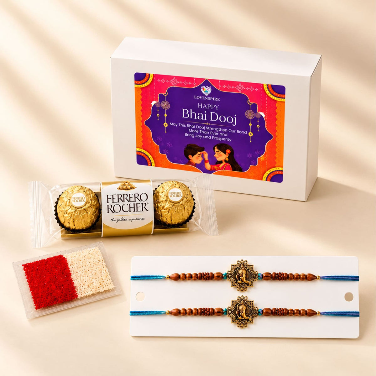 A pair of ornate wooden and gold-toned turquoise designer rakhi bracelets for bhai dooj gift hamper