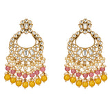 Oversized gold tone chandelier earrings with clear kundan stones white pearls pink and yellow beads for ethnic wear