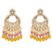 Oversized gold tone chandelier earrings with clear kundan stones white pearls pink and yellow beads for ethnic wear