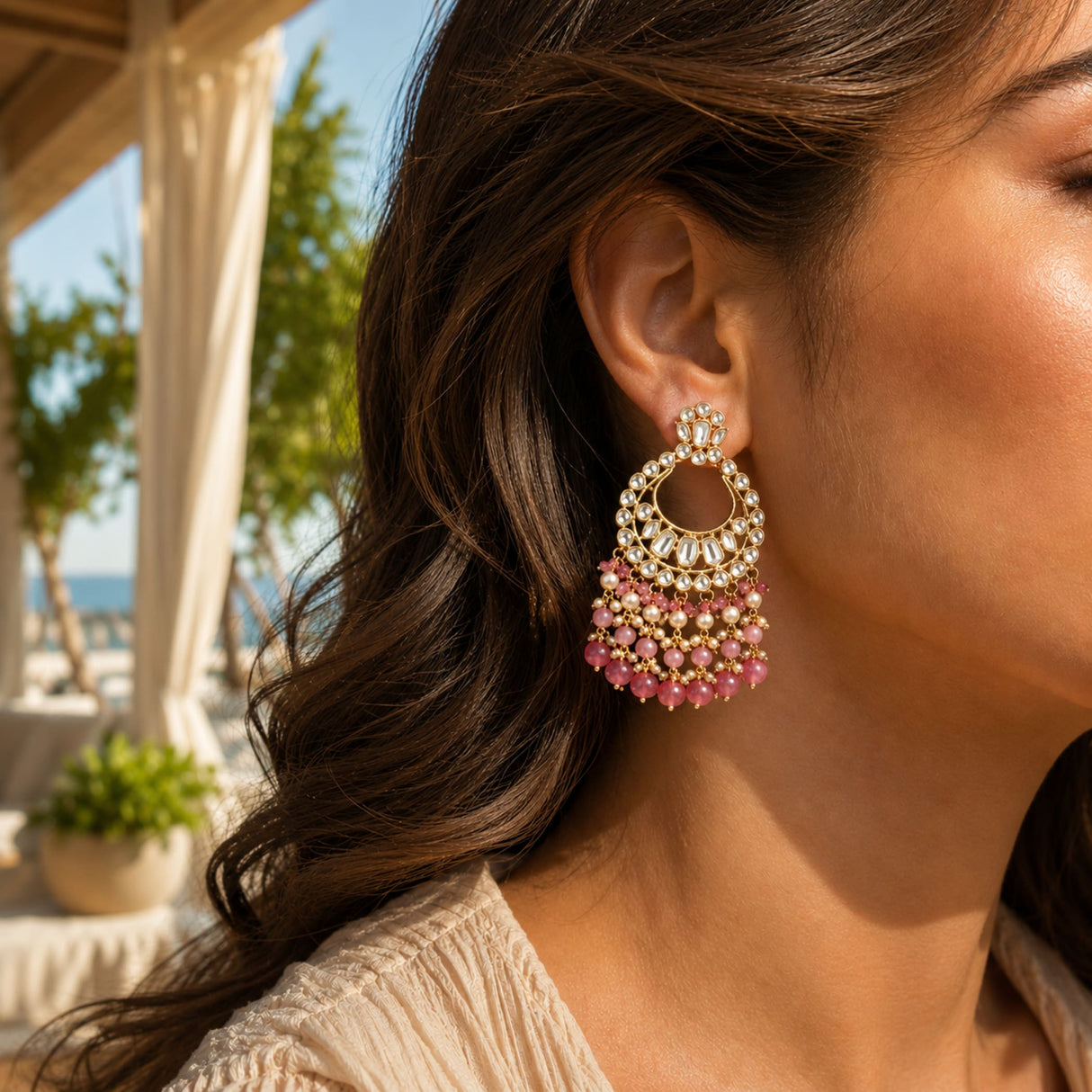 Gold-toned oversized indian kundan chandbali stud earrings with clear and pink beads for diwali and ethnic wear