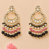Elegant gold toned oversized Indian kundan chandelier earrings with mirror stones, layered beads, and faux pearls for Diwali