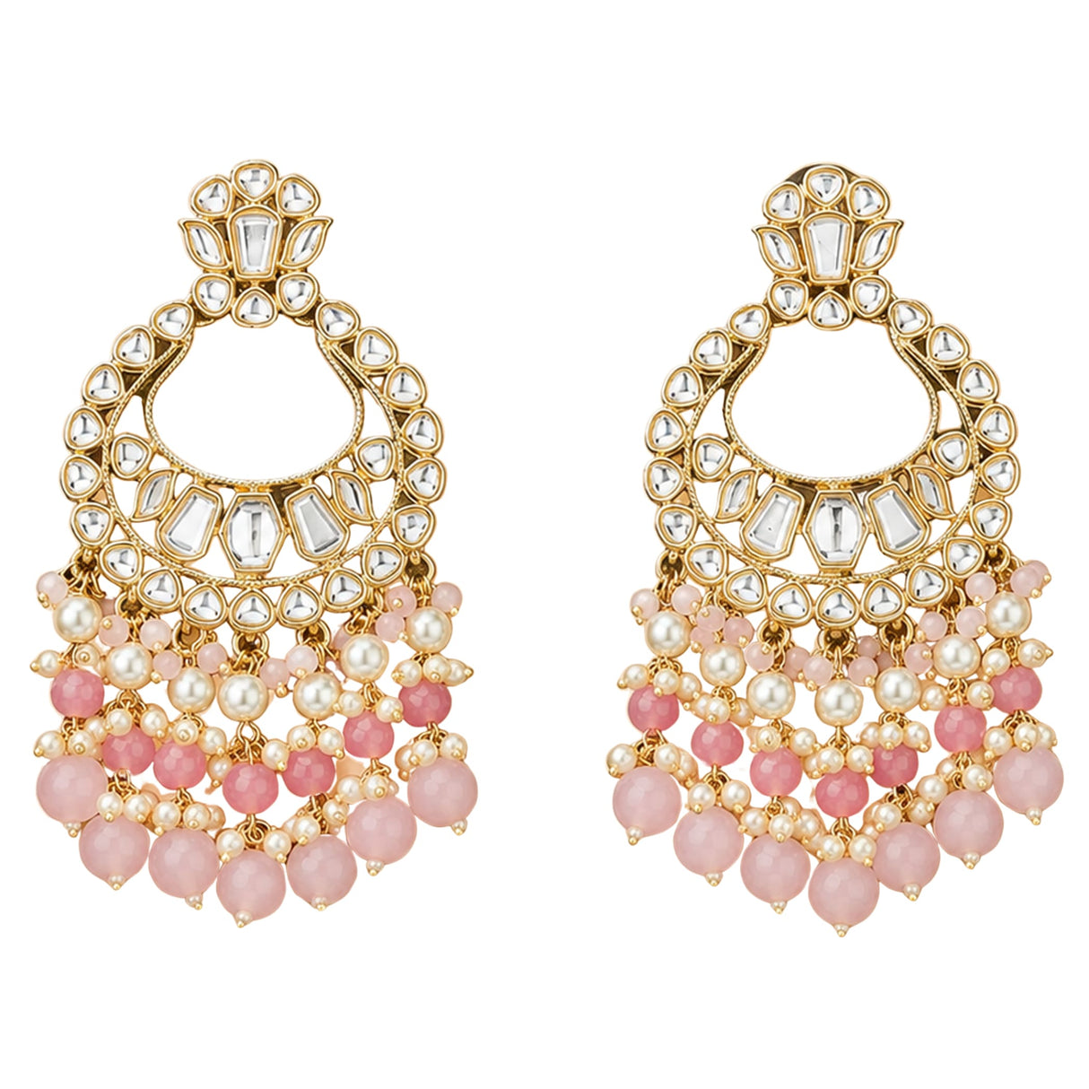 Oversized Indian kundan gold tone chandelier earrings with clear stones, pink beads, and faux pearls for wedding wear