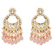 Oversized Indian kundan gold tone chandelier earrings with clear stones, pink beads, and faux pearls for wedding wear